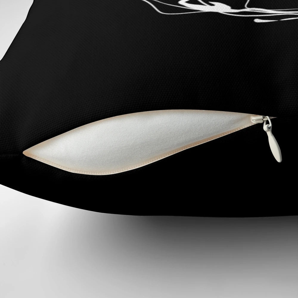 Monochrome abstract design pillow with alien-inspired heptapod shapes and patterns
