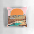Throw pillow featuring a vibrant, photorealistic image of a UFO landing in a desert landscape with cacti and a pink sunset sky.