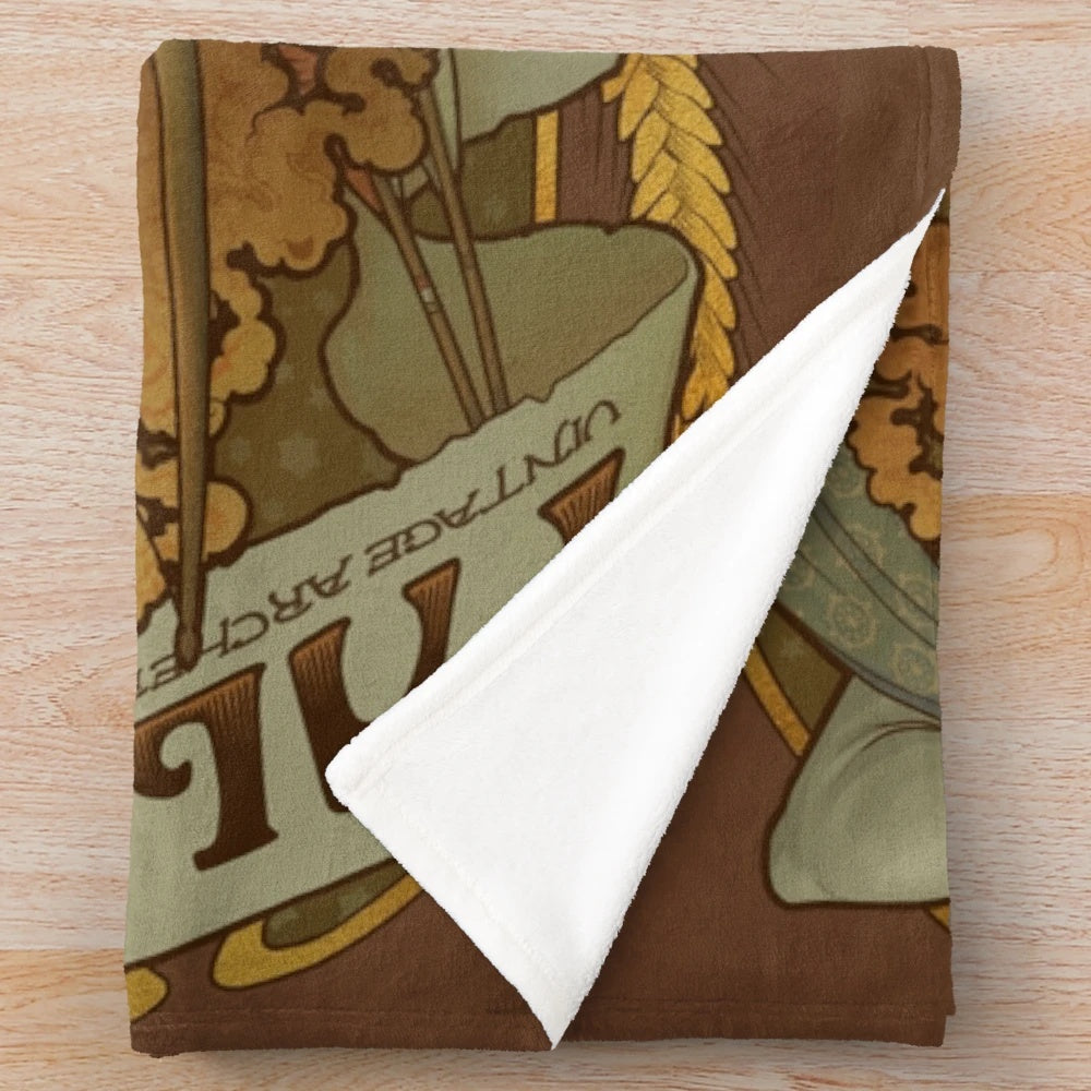A plush blanket featuring an allegory design with an art nouveau-inspired Norse falcon motif