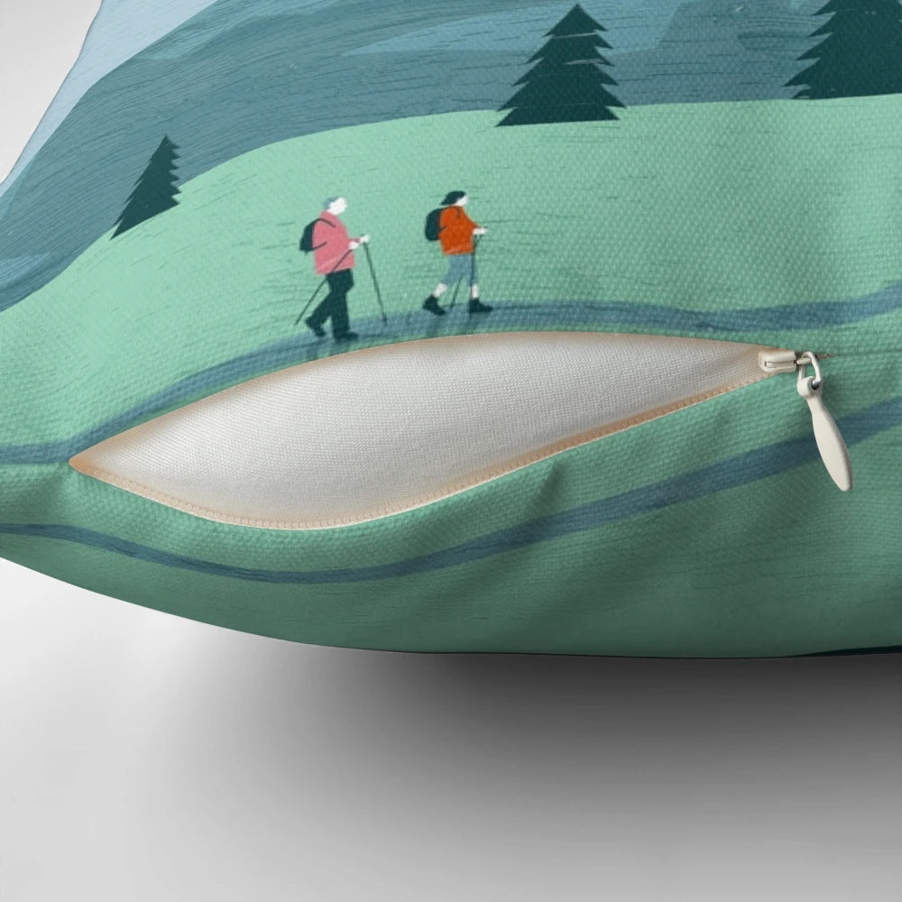 Allgäu Alps travel poster pillow featuring a scenic landscape of the Allgäu mountains and forests.