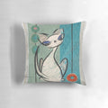 Vibrant pop art-inspired pillow featuring a whimsical cat design in a mid-century modern style.
