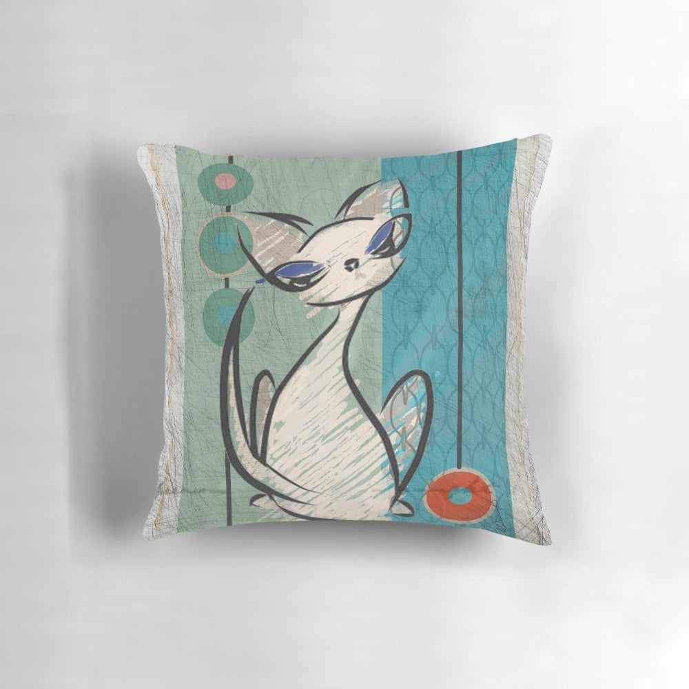 Vibrant pop art-inspired pillow featuring a whimsical cat design in a mid-century modern style.