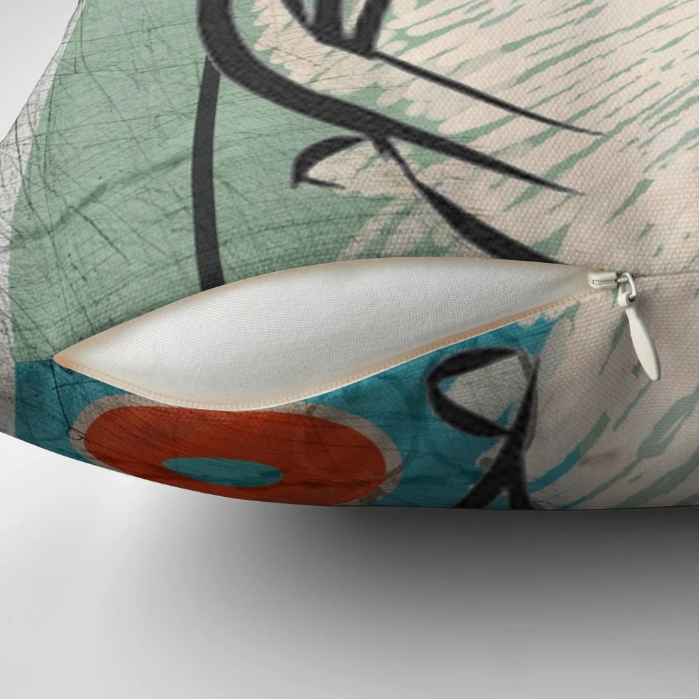 Vibrant pop art-inspired pillow featuring a whimsical cat design in a mid-century modern style.
