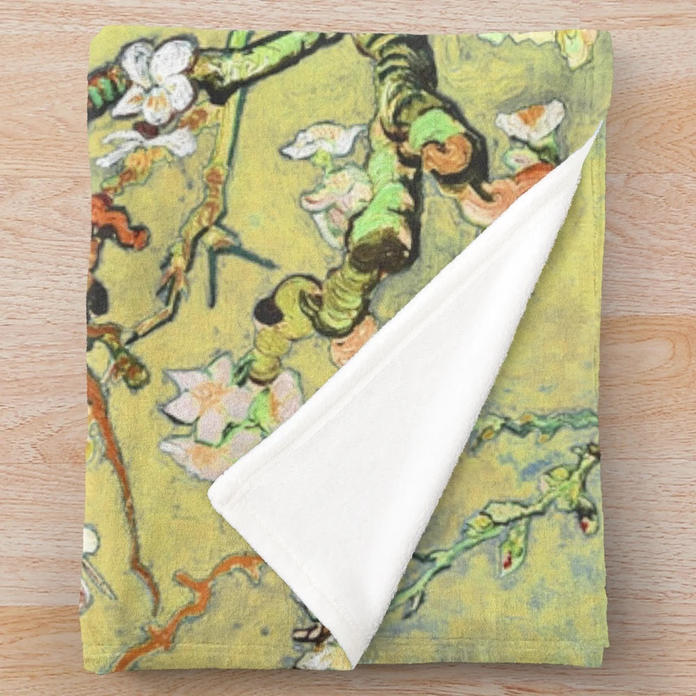 Almond blossom plush blanket featuring a pastel landscape inspired by the artwork of Vincent Van Gogh