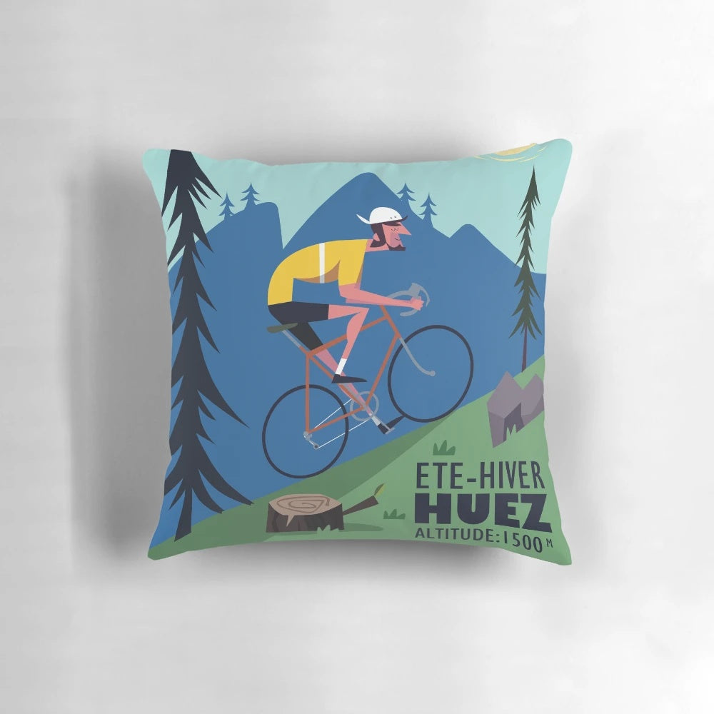 Alpe d'Huez cyclist poster featuring a cyclist riding up the famous mountain pass in the French Alps