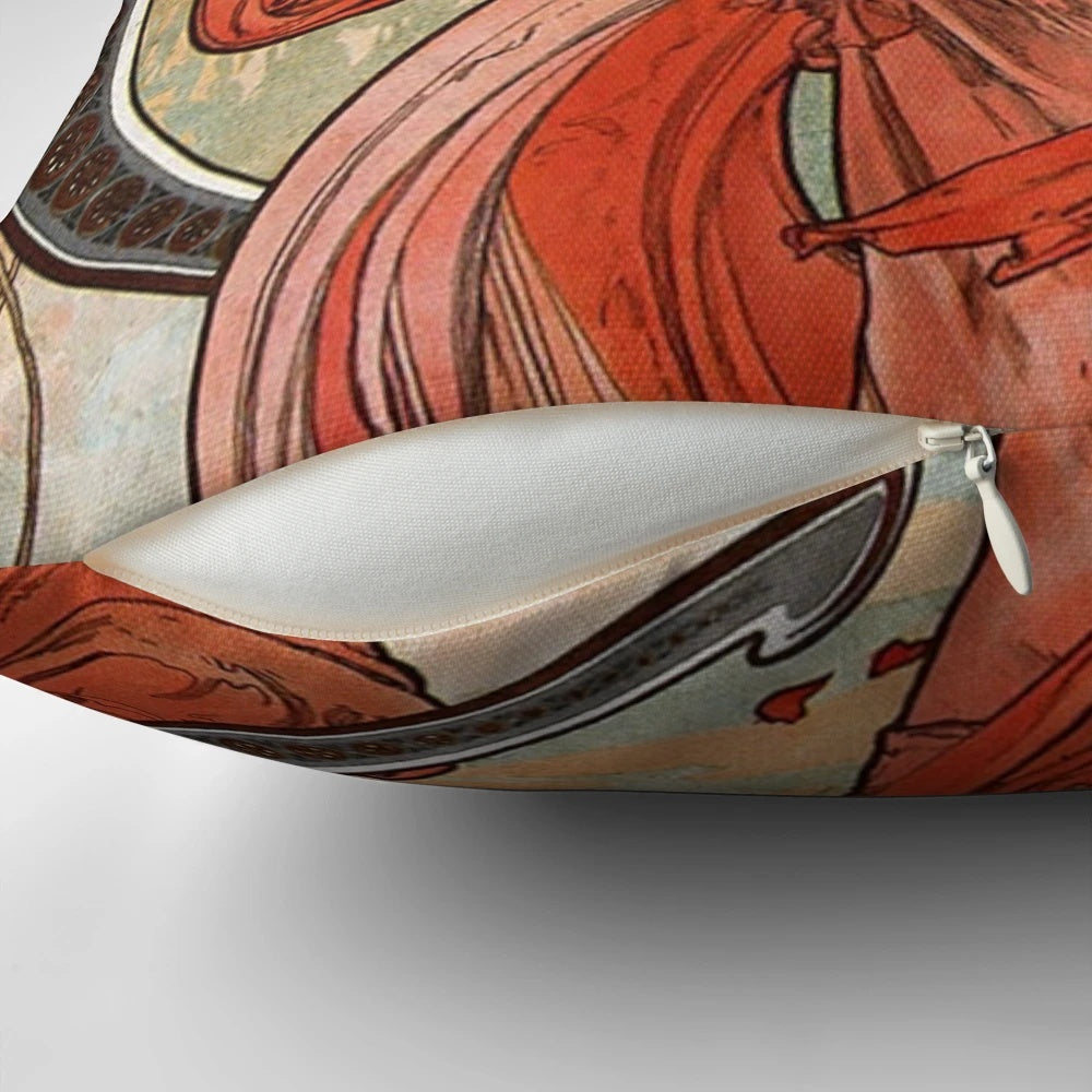 Alphonse Mucha inspired art nouveau decorative pillow featuring the "Dance" design.