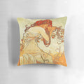Decorative art nouveau style pillow featuring Alphonse Mucha's iconic "Four Seasons" design