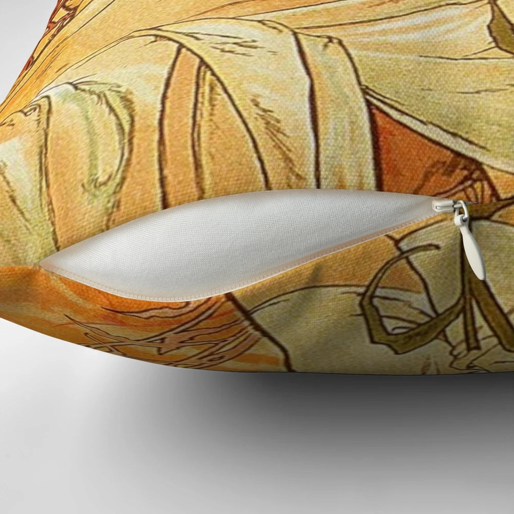 Decorative art nouveau style pillow featuring Alphonse Mucha's iconic "Four Seasons" design