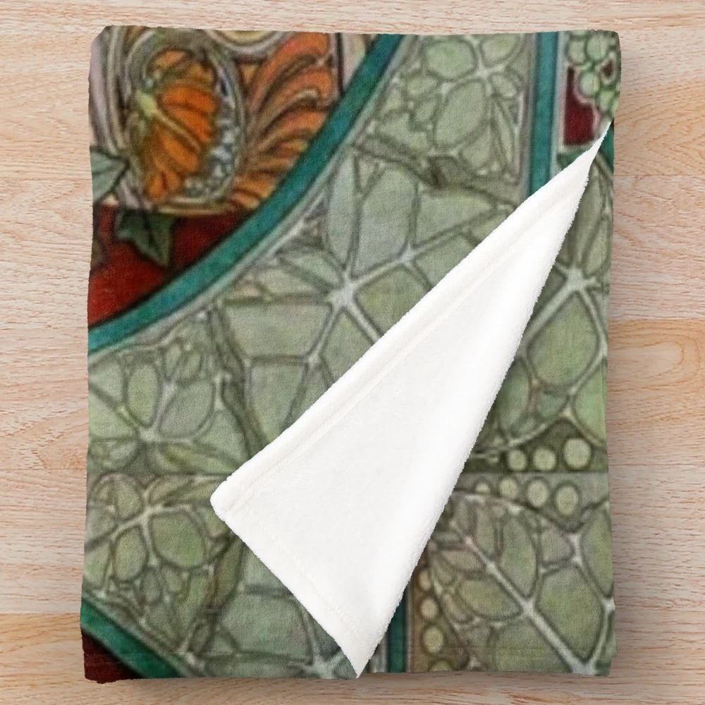Alphonse Mucha inspired art nouveau plush blanket featuring a floral design