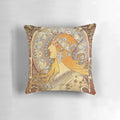 Vintage-style art nouveau design featuring a woman and zodiac elements, inspired by the iconic artwork of Alphonse Mucha.