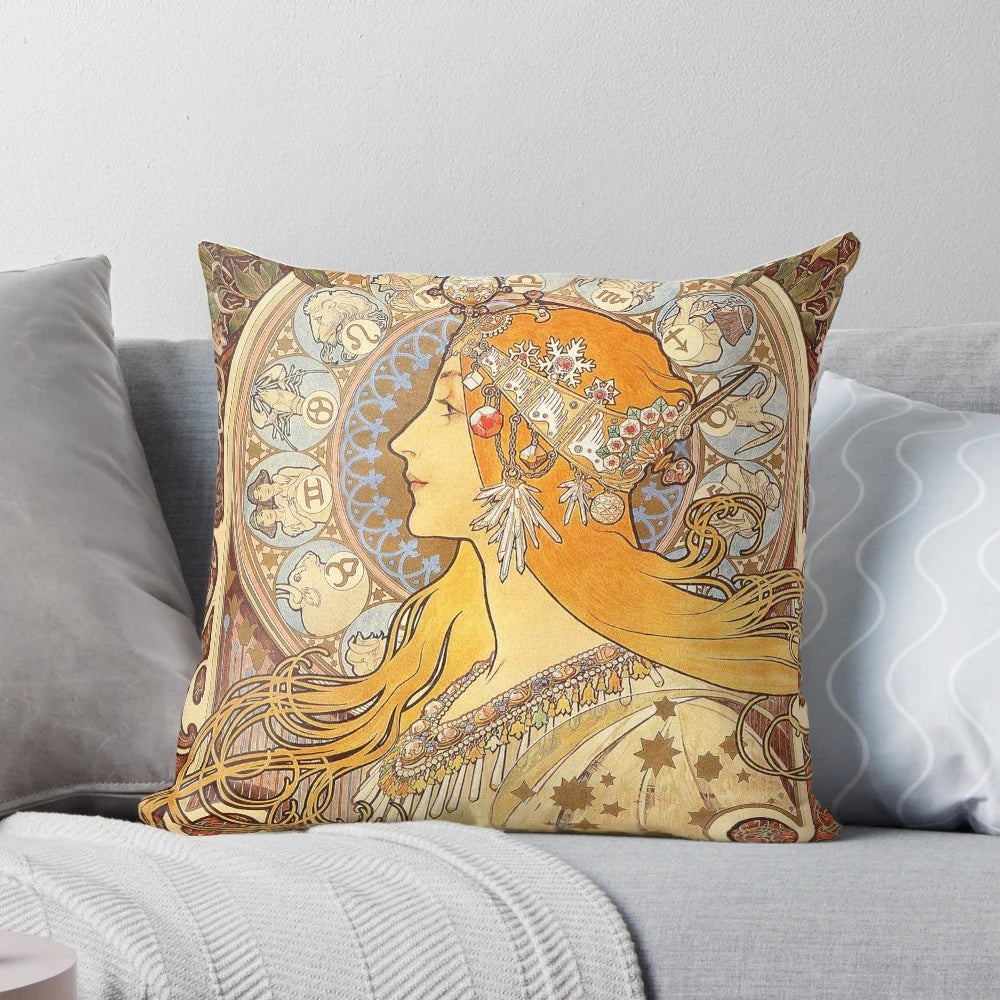 Vintage-style art nouveau design featuring a woman and zodiac elements, inspired by the iconic artwork of Alphonse Mucha.