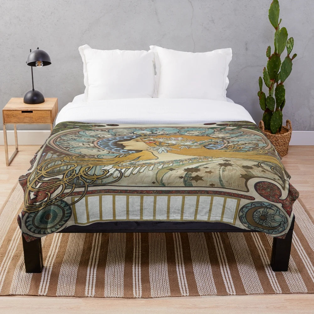 Cozy plush blanket featuring a digital painting inspired by the art of Alphonse Mucha