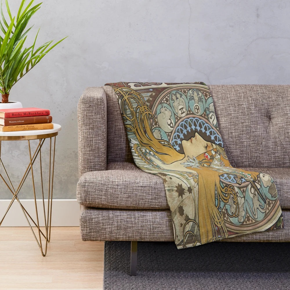 Cozy plush blanket featuring a digital painting inspired by the art of Alphonse Mucha