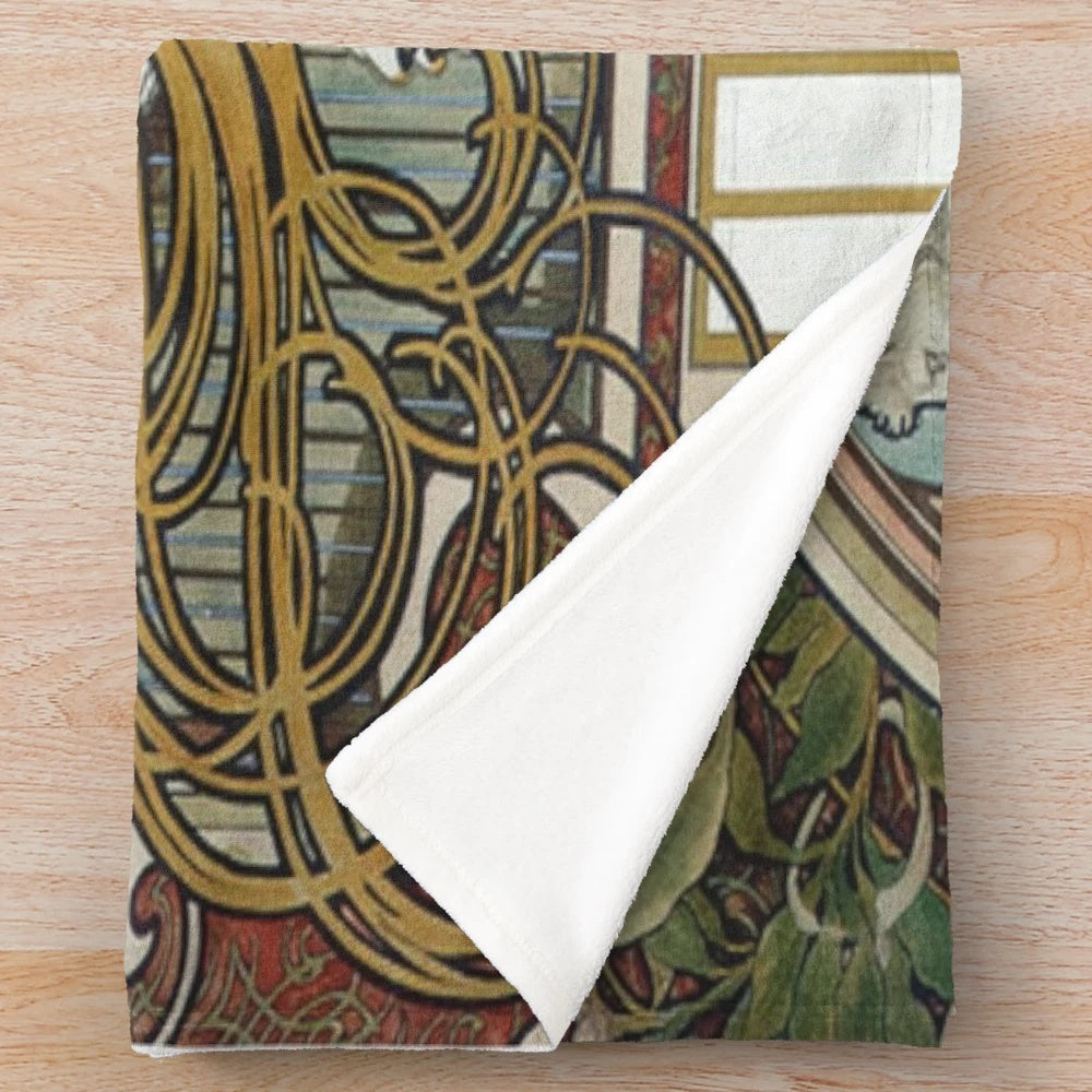 Cozy plush blanket featuring a digital painting inspired by the art of Alphonse Mucha