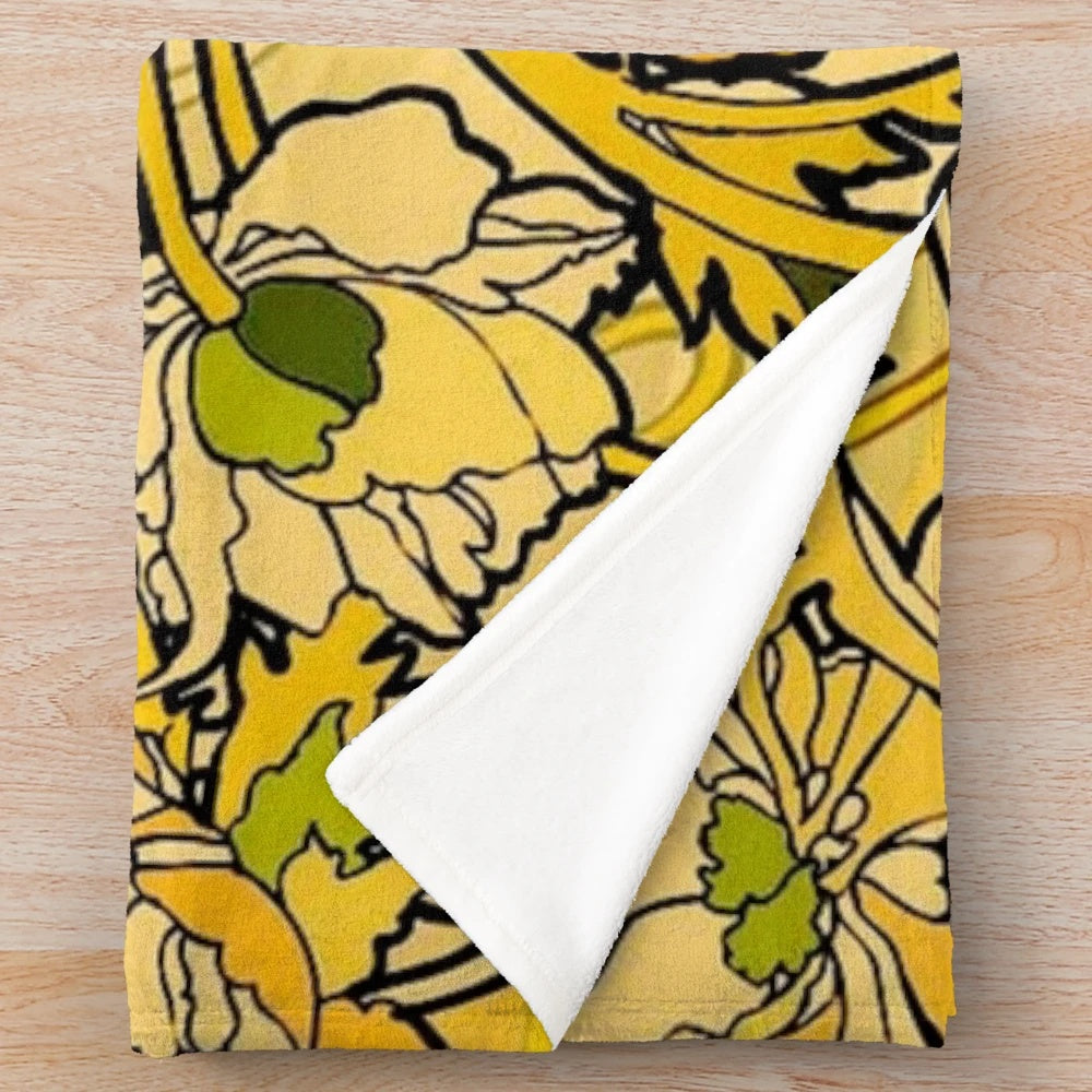 Alphonse Mucha-inspired floral plush blanket with art nouveau design