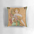 Vibrant art nouveau-style pillow featuring Alphonse Mucha's iconic "The Spring" design