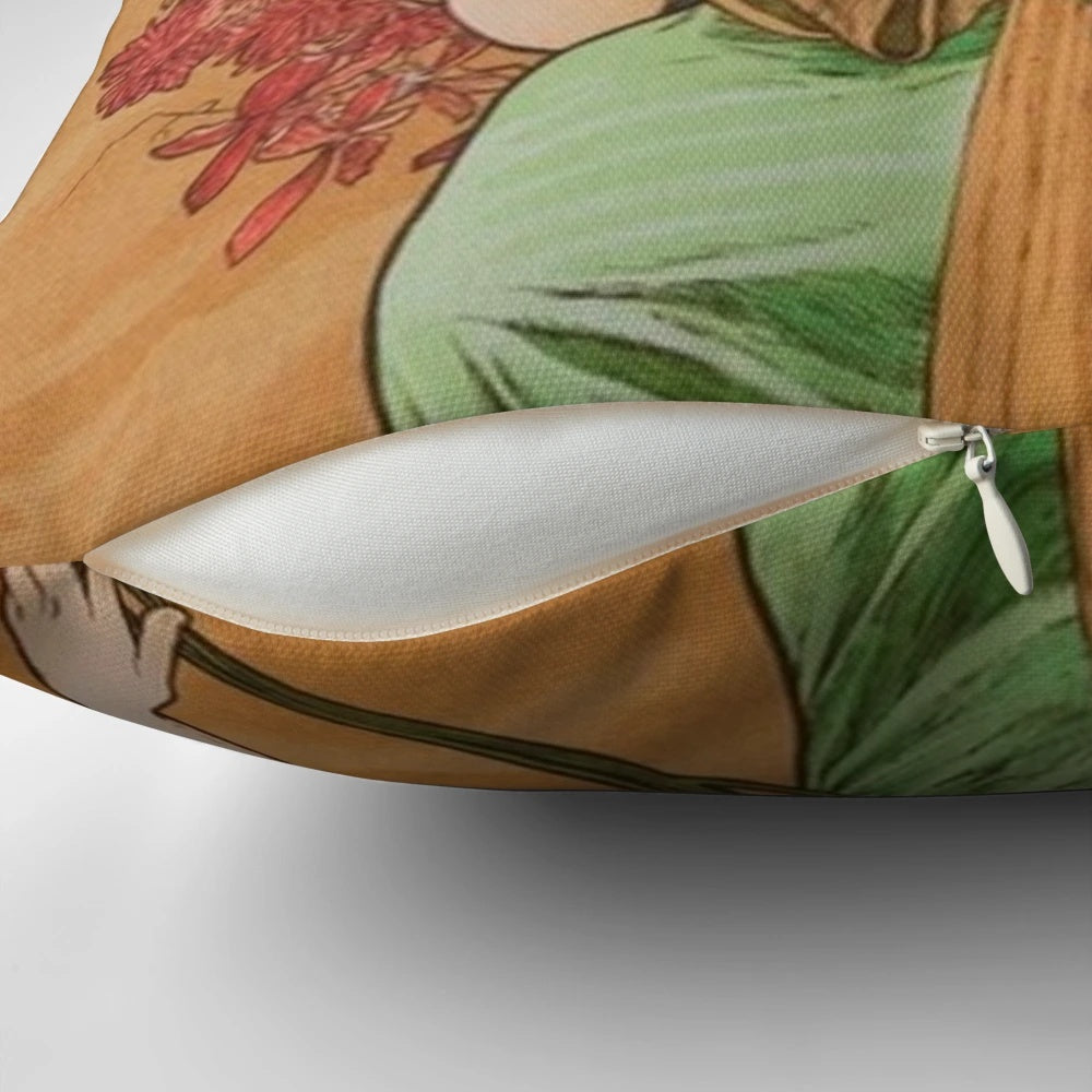 Vibrant art nouveau-style pillow featuring Alphonse Mucha's iconic "The Spring" design