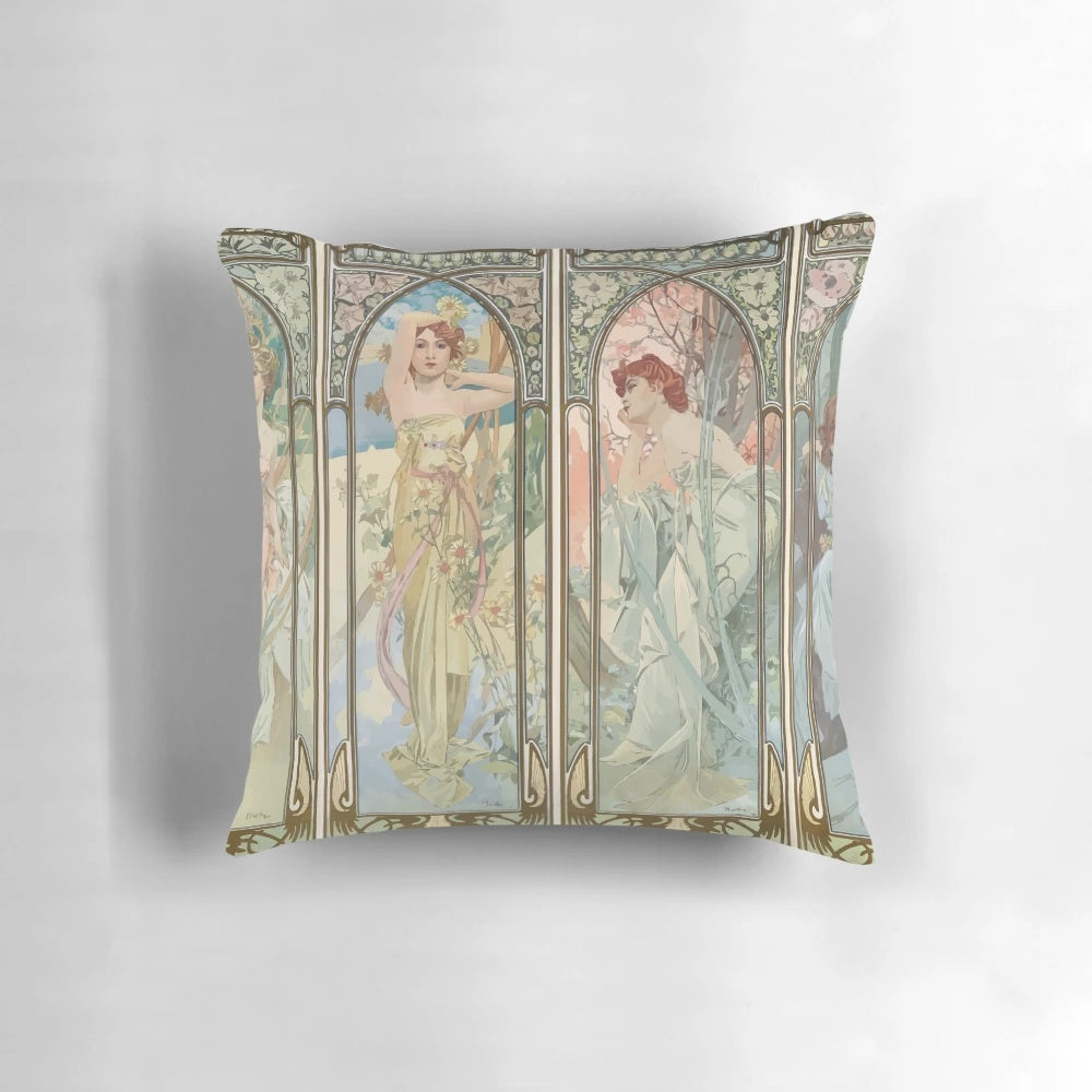 Colorful and beautiful Alphonse Mucha "Times of the Day" art nouveau-inspired decorative pillow.