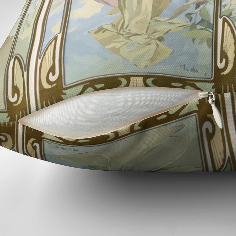 Colorful and beautiful Alphonse Mucha "Times of the Day" art nouveau-inspired decorative pillow.