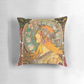 Alphonse Mucha Zodiac Art Nouveau-inspired decorative pillow with moon and stars design