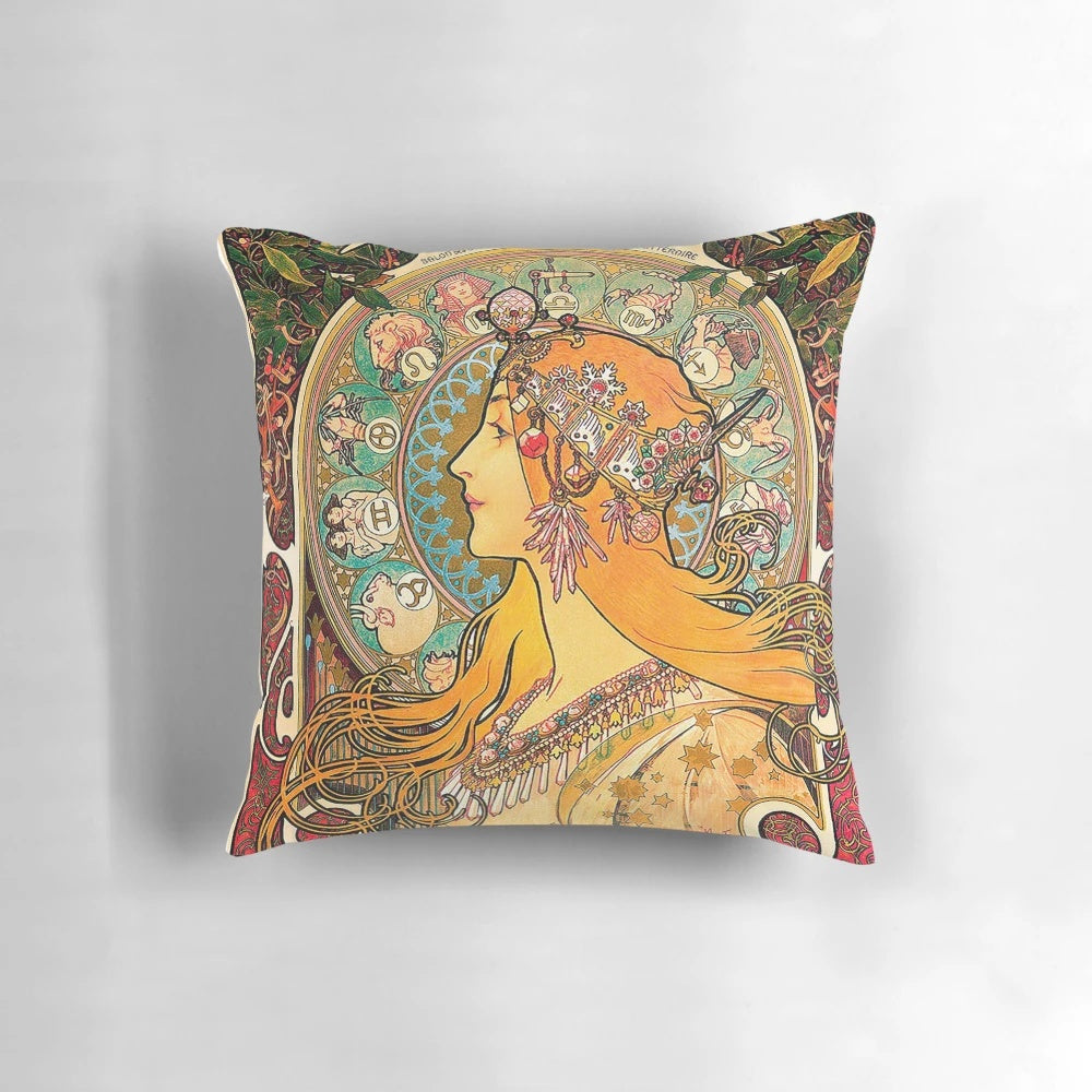 Alphonse Mucha Zodiac Art Nouveau-inspired decorative pillow with moon and stars design