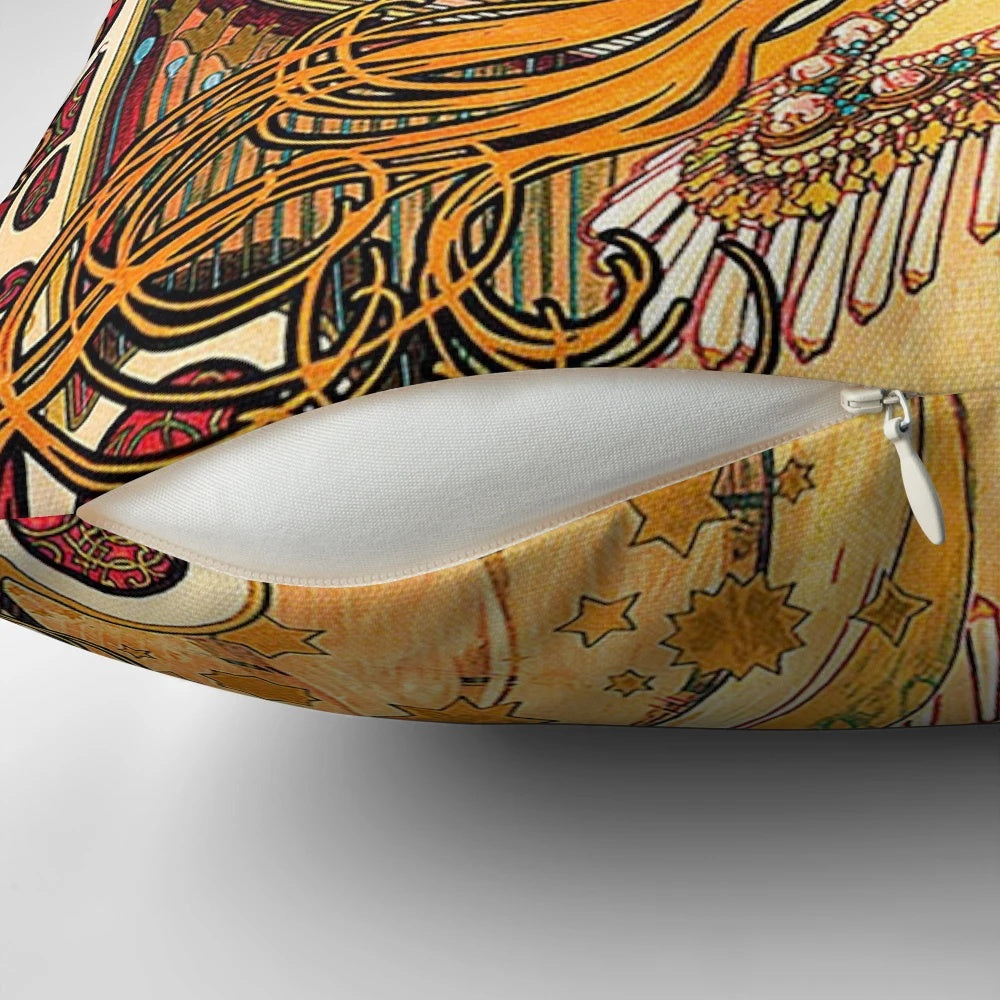 Alphonse Mucha Zodiac Art Nouveau-inspired decorative pillow with moon and stars design