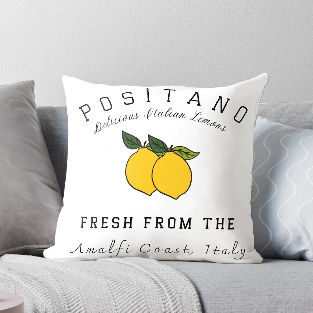 Amalfi Coast vintage travel pillow featuring lemon trees, coastal architecture, and the Mediterranean Sea