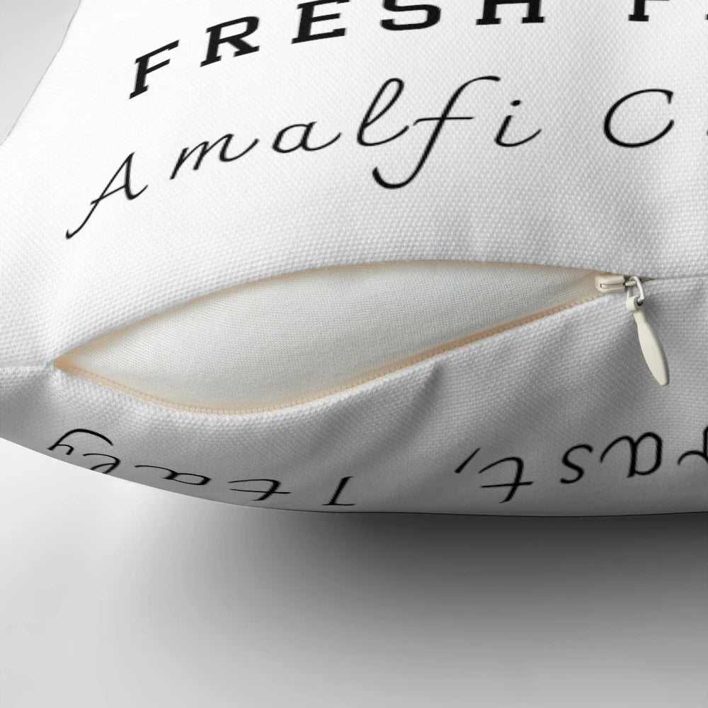 Amalfi Coast vintage travel pillow featuring lemon trees, coastal architecture, and the Mediterranean Sea