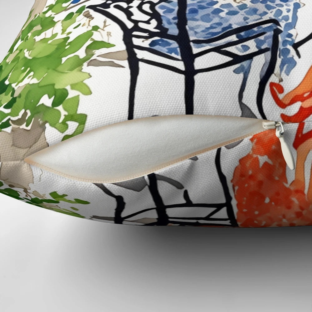 Vibrant watercolor painting of the Amalfi Coast on a decorative throw pillow, featuring the iconic Aperol Spritz cocktail.