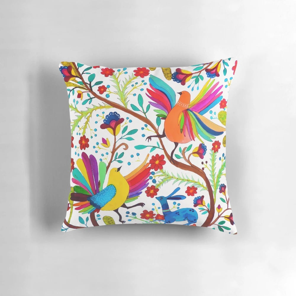 Vibrant and colorful amate 1 pillow with intricate Mexican embroidered pattern and bird motif