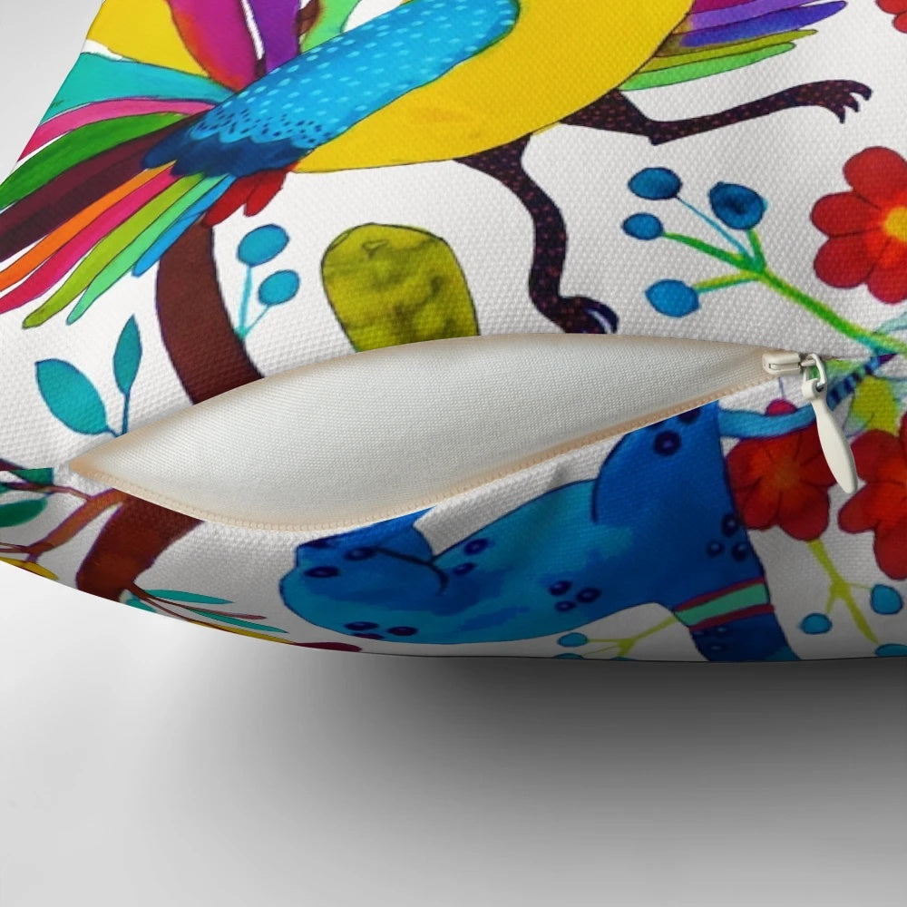Vibrant and colorful amate 1 pillow with intricate Mexican embroidered pattern and bird motif