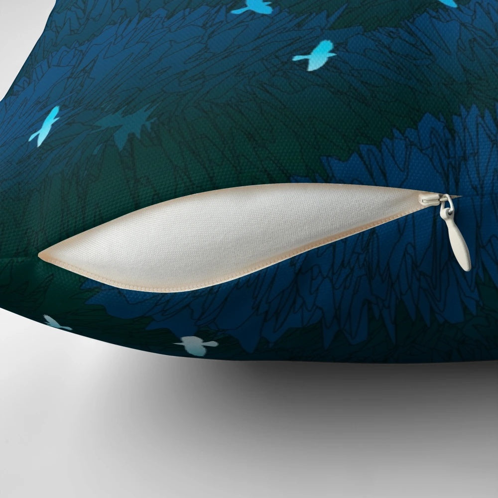 Amazonian Flight Pillow featuring a vibrant blue tropical landscape and wildlife