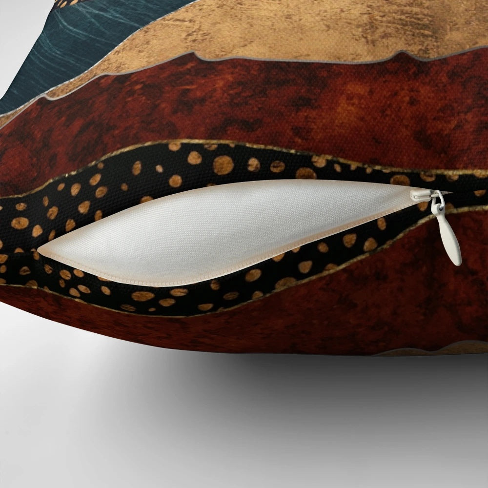 Amber Dusk Pillow featuring a scenic landscape with mountains, hills, sun, and moon
