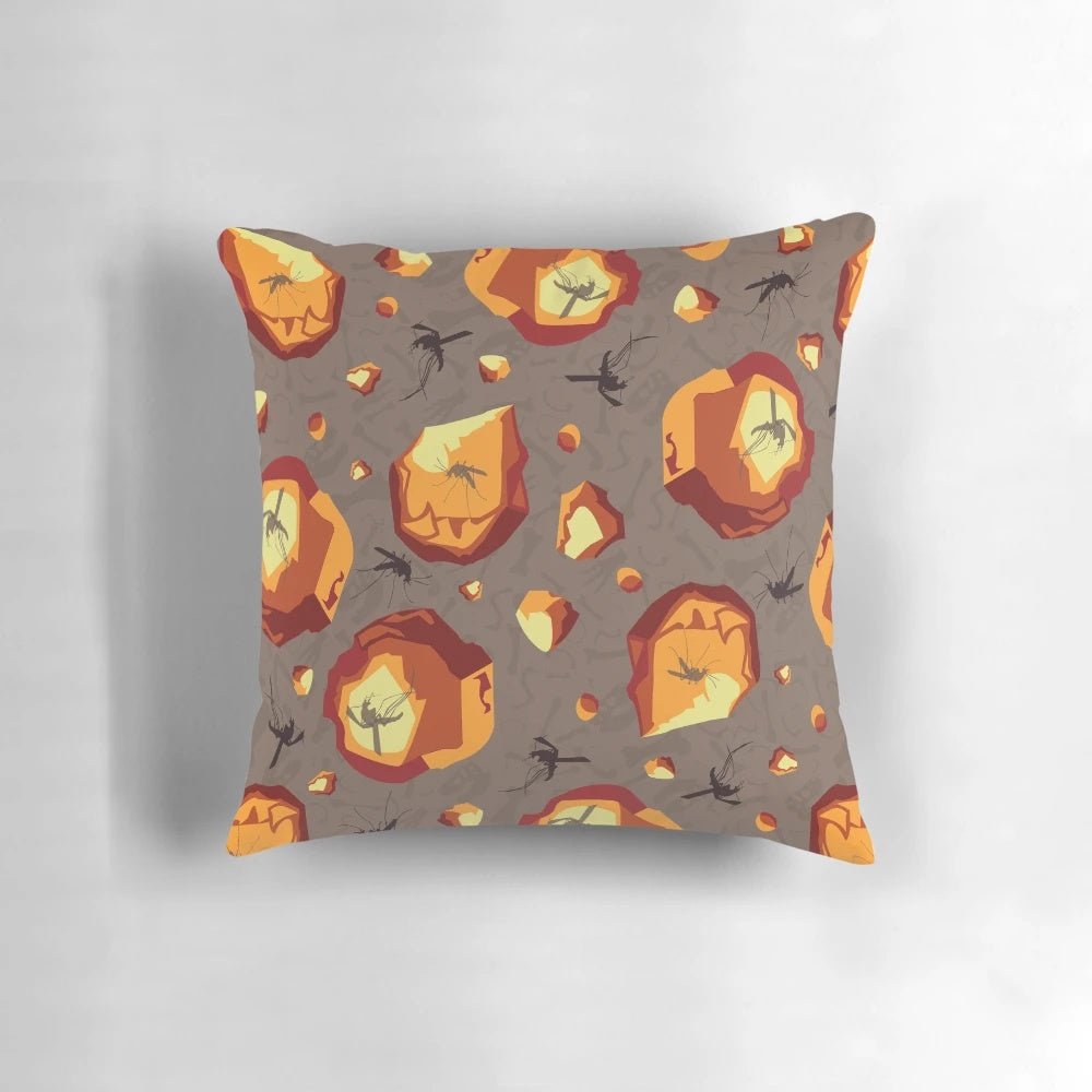 Amber in the Rough Pillow, featuring fossilized mosquitos and dinosaur-inspired amber gems for a Jurassic Park-style home decor accent.