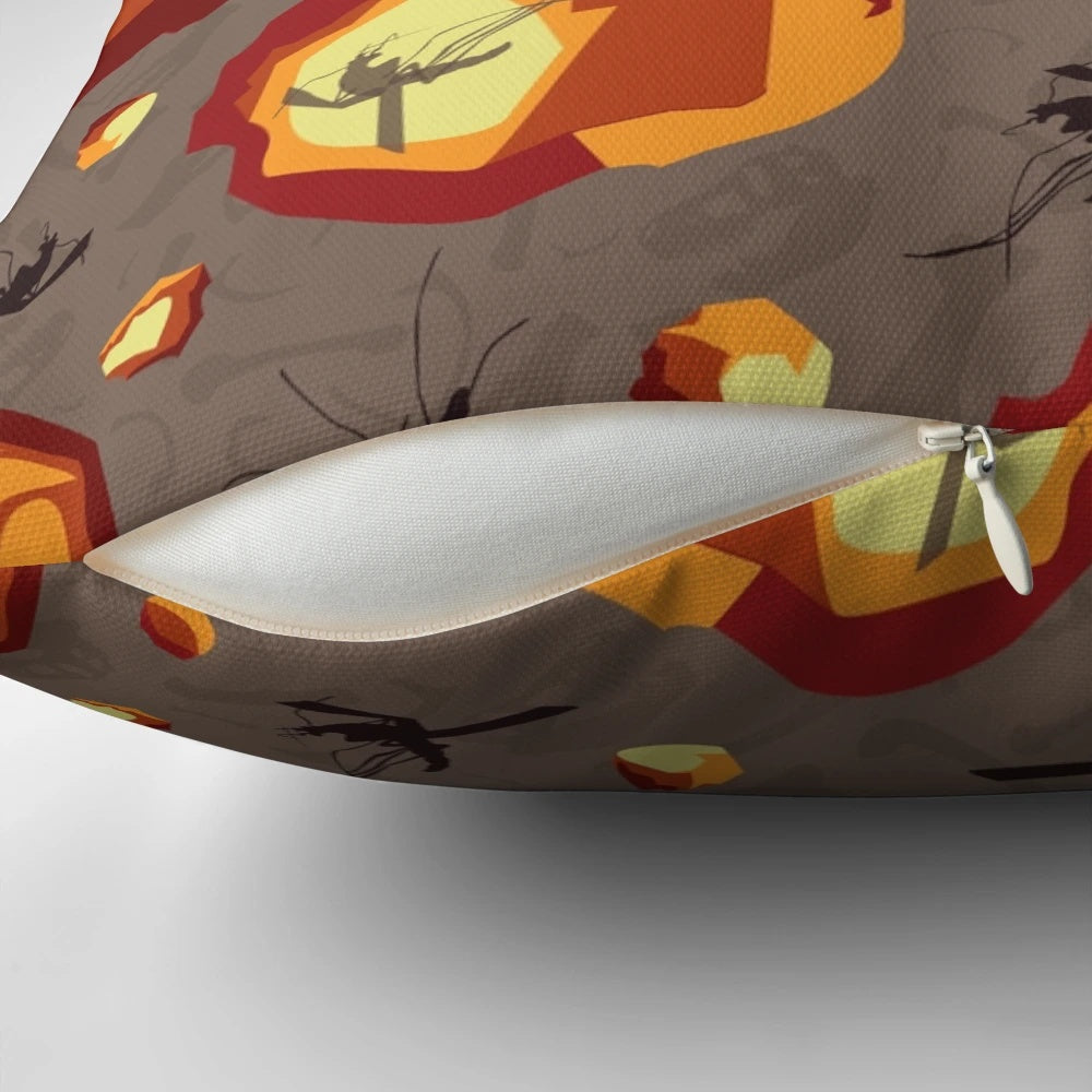 Amber in the Rough Pillow, featuring fossilized mosquitos and dinosaur-inspired amber gems for a Jurassic Park-style home decor accent.