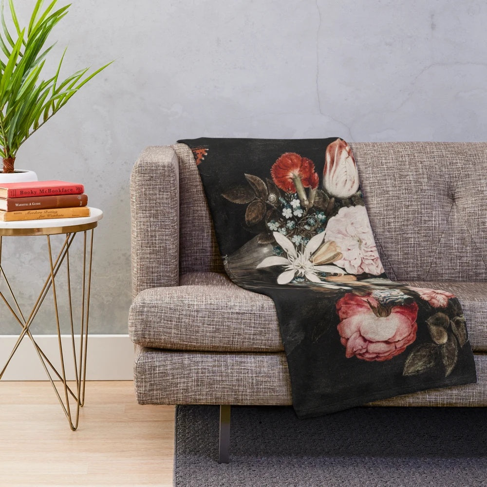 Ambrosius Bosschaert's classic floral artwork "Flowers in a Glass" featured on a high-quality plush blanket