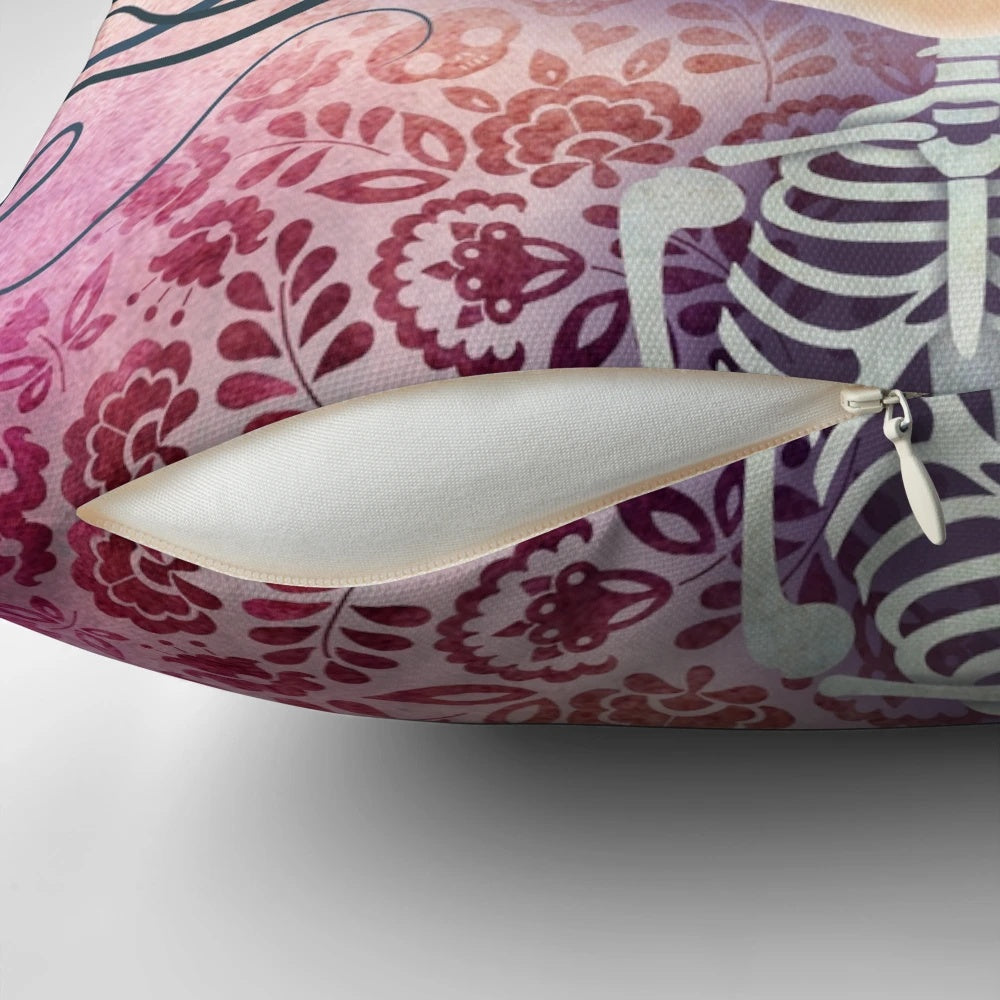 Close-up image of a decorative sugar skull pillow with intricate Mexican folk art design.
