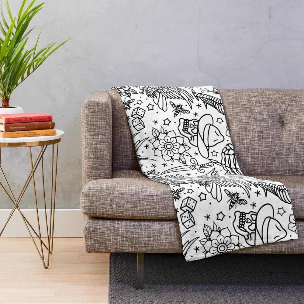American Traditional Tattoo Flash Inspired Plush Blanket with Eagle, Skull, Flower, and Other Tattoo Designs