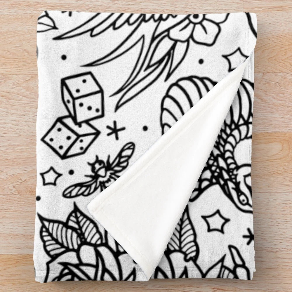 American Traditional Tattoo Flash Inspired Plush Blanket with Eagle, Skull, Flower, and Other Tattoo Designs