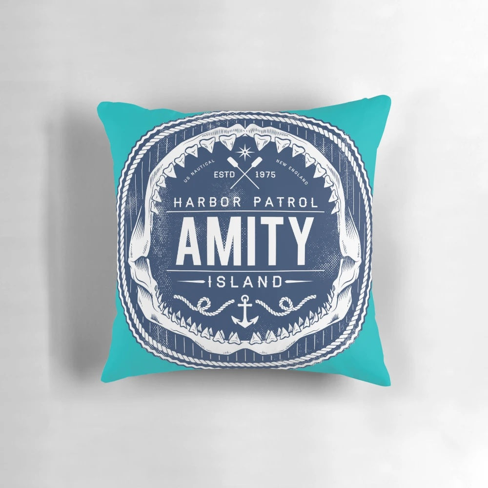 Amity Island Harbor Patrol inspired throw pillow with shark and boat graphic
