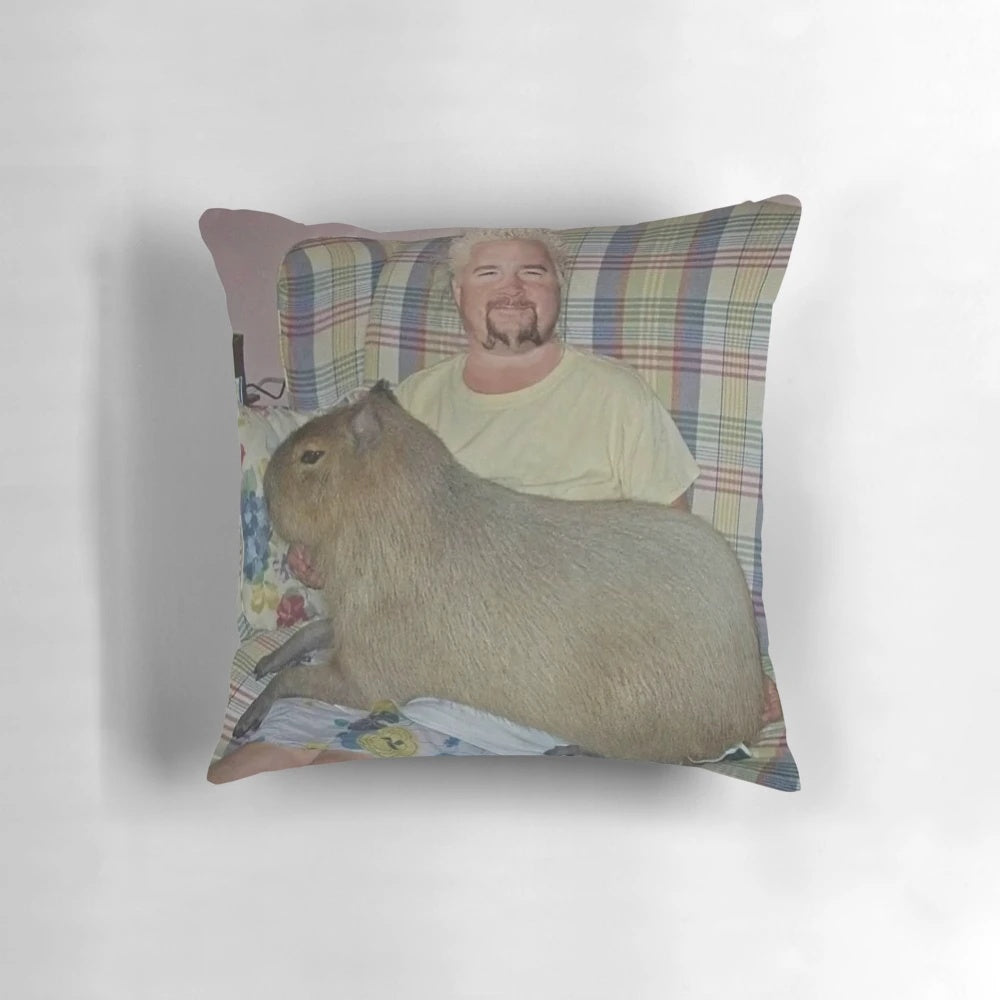 Funny and unusual image of Guy Fieri posing with a capybara, printed on a high-quality pillow