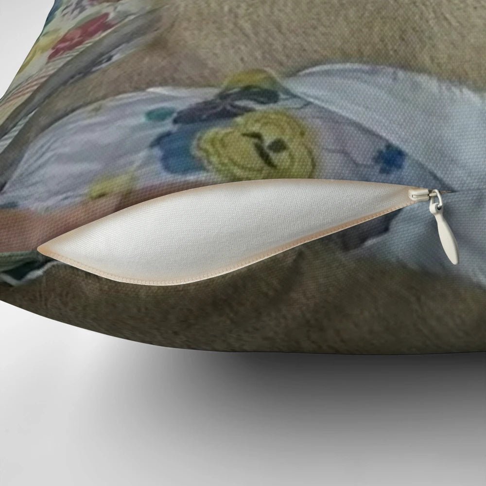 Funny and unusual image of Guy Fieri posing with a capybara, printed on a high-quality pillow