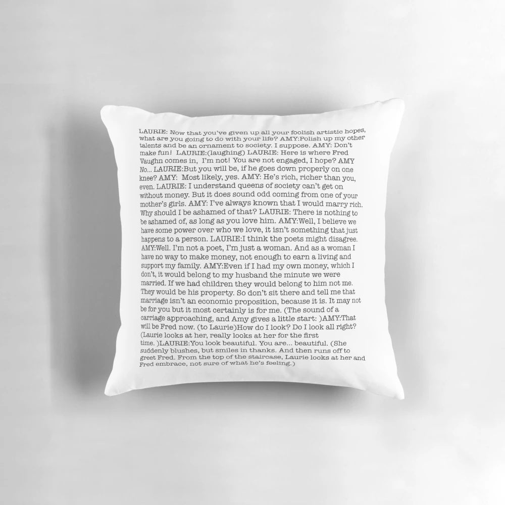 Pillow featuring a quote from Amy March's economic proposition speech in the movie adaptation of Little Women.