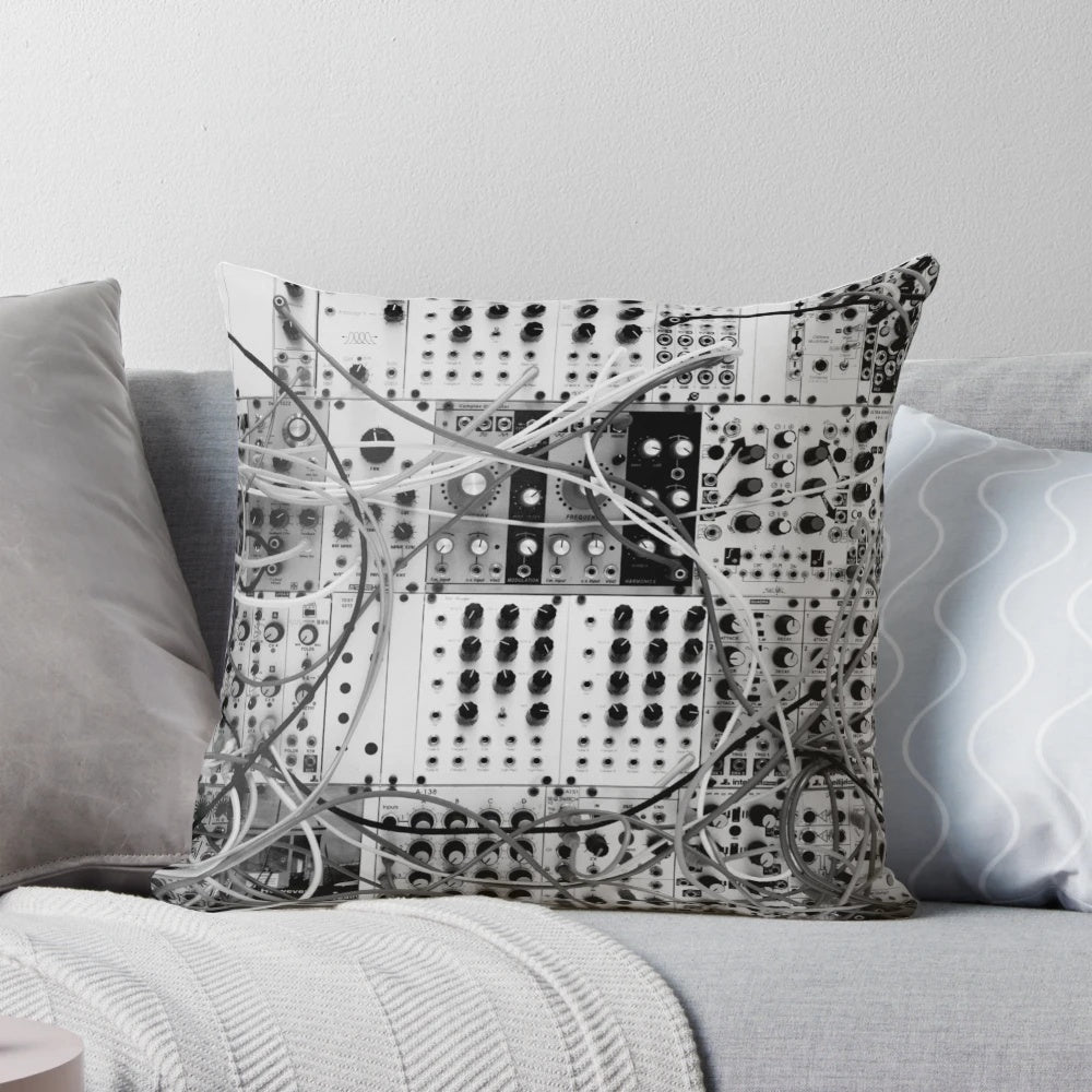 Stylish black and white pillow featuring an analog synthesizer with a modular design, perfect for music studios and vintage technology enthusiasts.