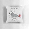 Detailed illustration of the anatomy of an African Grey parrot on a plush pillow