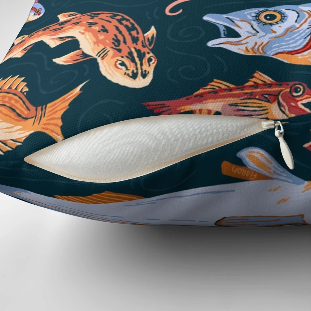 Pompeii-inspired mosaic pillow featuring an octopus and other sea life