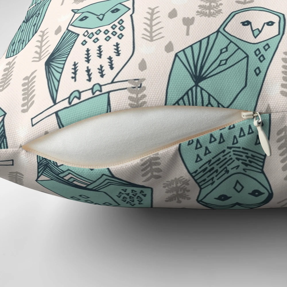 Turquoise and white owl pattern pillow by Andrea Lauren