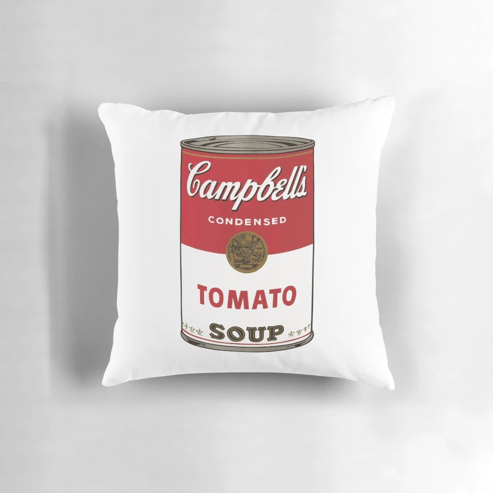 Campbell's tomato soup inspired decorative pillow with Andy Warhol's pop art design