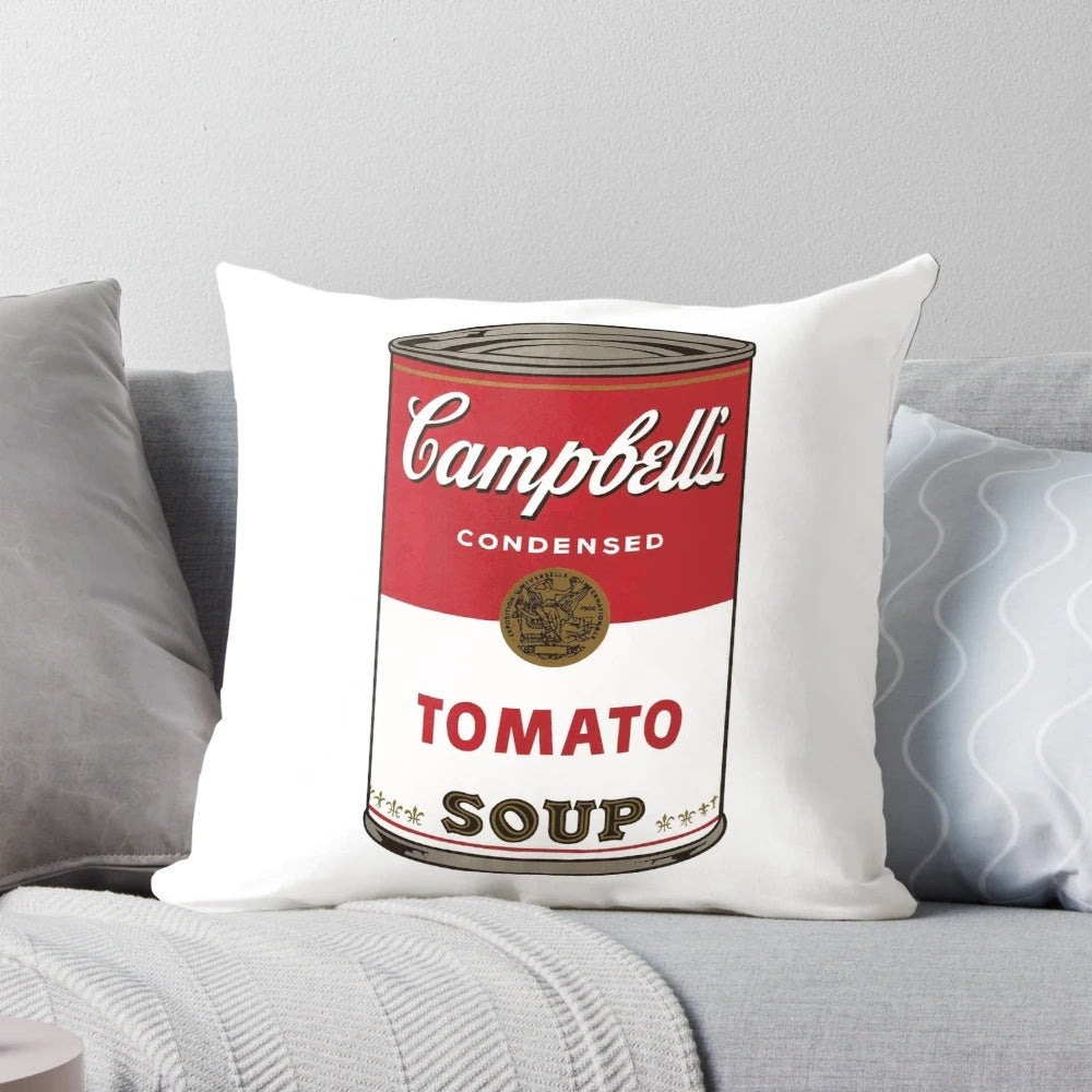 Campbell's tomato soup inspired decorative pillow with Andy Warhol's pop art design