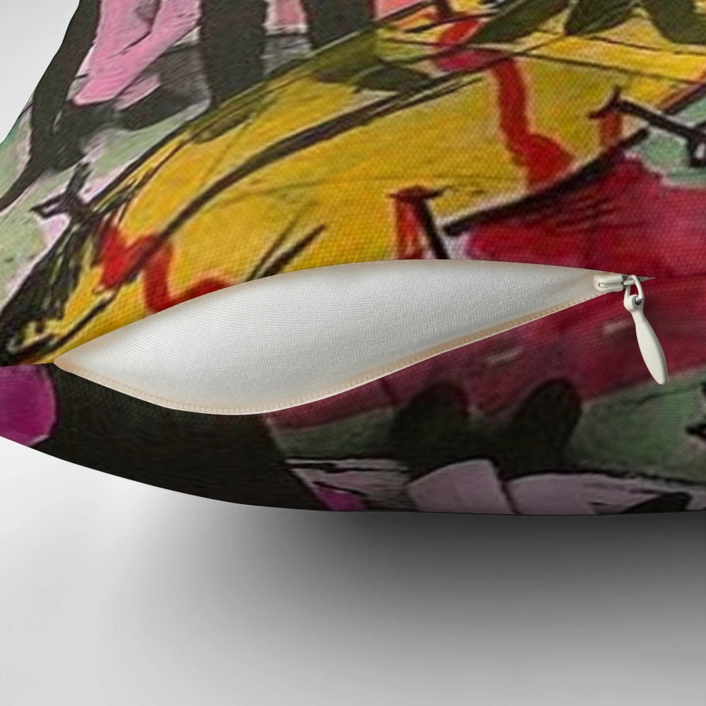 Vibrant pillow featuring Andy Warhol's iconic Velvet Underground banana design, a classic pop art image.